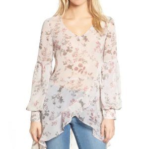 Leith Sheer High/Low Long-sleeve Ruffle Top Pink S